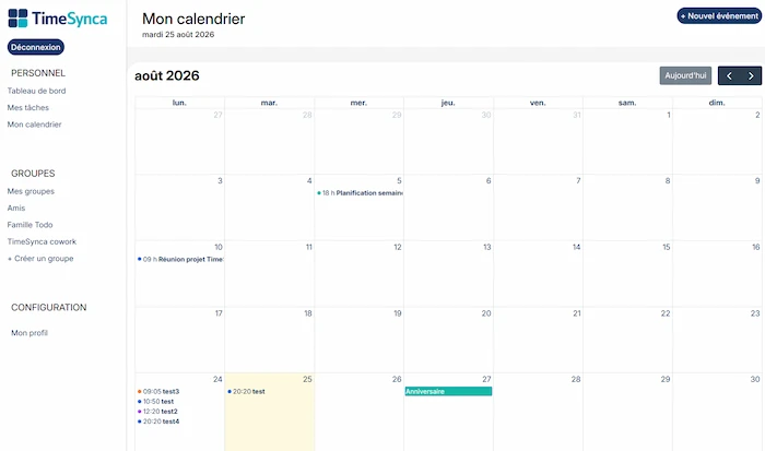 Vue TimeSynca du calendrier personnel